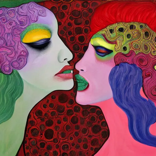 Image similar to expressive painting by francesca sundsten of two bizarre psychedelic femme creatures kissing each other closeup, speculative evolution, exobiology