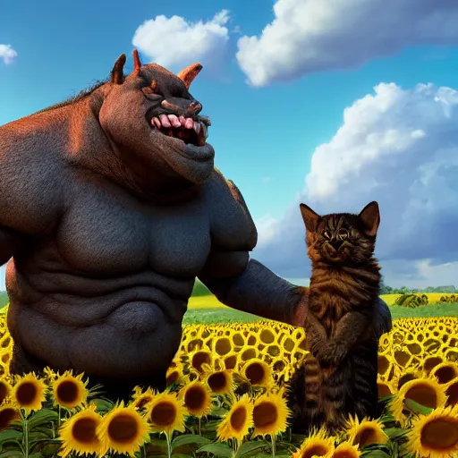 Image similar to ogre in lether armor petting a cat in sunflower fields, award winning, trending on artstation, unreal engine