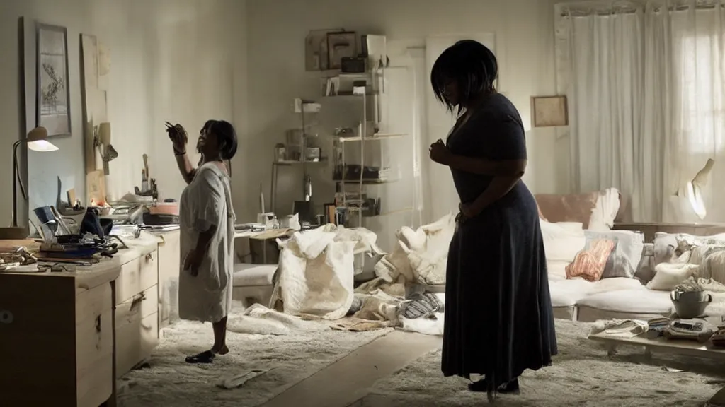 Prompt: Octavia Spencer alone in her studio apartment, moody, sad scene from the movie Pt Anderson, she takes to her friend in a virtual world, art house, award winning film, 3D rendered lighting, stunning cinematography by Hoyte van Hoytema