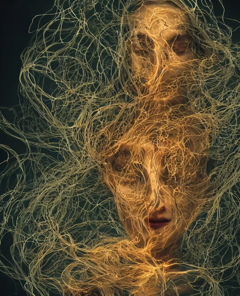 Image similar to beautiful portrait of the priestess of pain and sorrow, intricate tendrils forming a string structure, chaotic swirling ferrofluids, occult, octane render, glow, surreal dramatic lighting, intricate fine ornaments, translucent, lighting 8k, cinematic, blur, shallow depth of field, neuro web, plasma, neon, glimpse of red