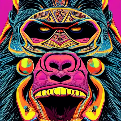Image similar to barong family member faced jim carrey, jim carrey!, wiwek, mara demon, one single tribe member, jungle, one single mask, dark, ancient warrior, grumpy gorilla, violence blood, tribal, inner glow, art by dan mumford and justin gerard