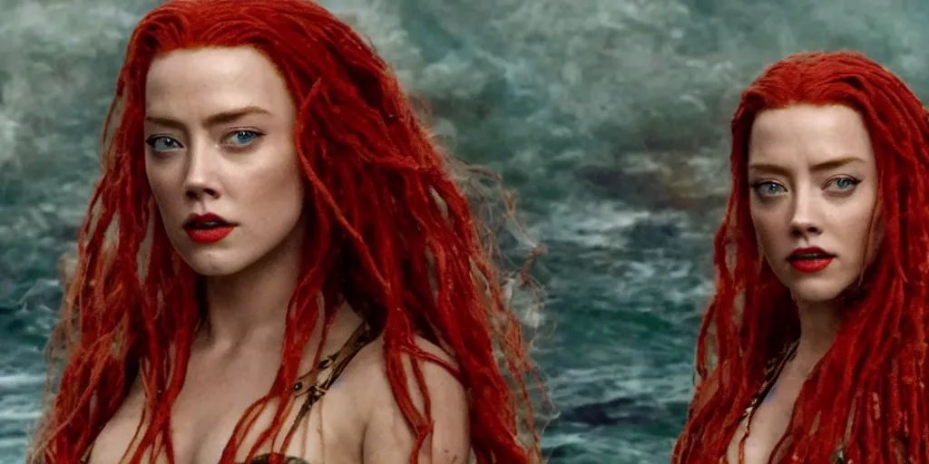 Image similar to red hair mera from aquaman played by amber heard fights captain jack sparrow played by johnny depp, motion blur, real life, spotted, leaked, ultra realistic face, accurate, 4 k, movie still, uhd, sharp, detailed, cinematic, render, modern