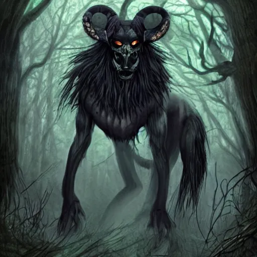 Prompt: ancient magus, fae, ram skulled creature with black fur, elegant, tendrils, forest, heavy fog, fantasy, ultra realistic