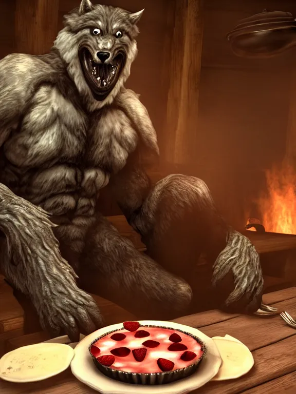 Prompt: cute handsome cuddly burly surly relaxed calm timid werewolf from van helsing sitting down at the breakfast table in the kitchen of a normal suburban home wearing apron having fun baking strawberry tart cakes unreal engine hyperreallistic render 8k character concept art masterpiece screenshot from the video game the Elder Scrolls V: Skyrim