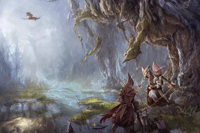 Image similar to dungeons and dragons fantasy painting, mice ranger archers emerge from the forest, longbows, hooded cloaks, whimsical and cute, determined expressions, watery eyes, anime inspired by krenz cushart, brown fur, tufty whiskers, feathered arrows, bamboo forest river shore, dawn lighting, by brian froud jessica rossier and greg rutkowski