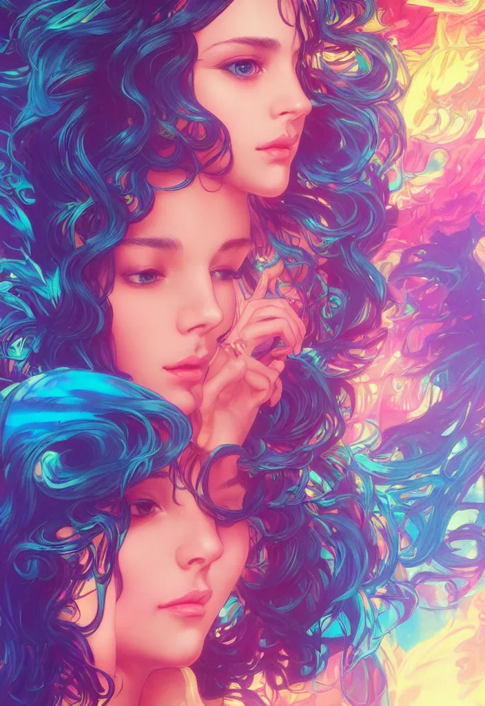 Image similar to beautiful, young woman, detailed gorgeous face, vaporwave aesthetic, synthwave, colorful, psychedelic, artstation, concept art, smooth, extremely sharp detail, finely tuned detail, ultra high definition, 8 k, unreal engine 5, ultra sharp focus, illustration, art by artgerm, greg rutkowski and alphonse mucha