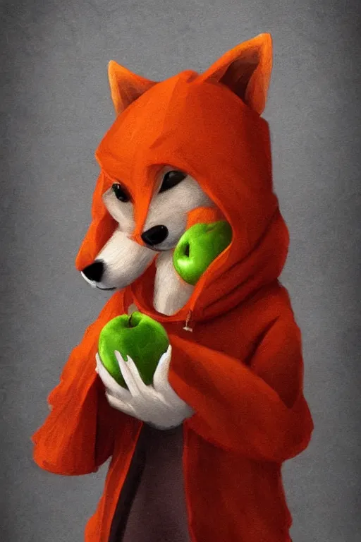 Prompt: small ginger Fox dressed like a hooded rogue, holding an apple, digital art, trending on artstation, stacy boisvert