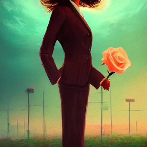 Image similar to closeup, large rose flower under head, frontal, girl in a suit, surreal photography, sunrise, dramatic light, impressionist painting, digital painting, artstation, simon stalenhag