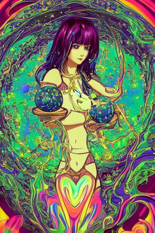 Image similar to psychedelic, acid trip, intricate, highly detailed, anime, 4k, beautiful seductive slime girl holding a huge orb containing the universe, with professional makeup, long trippy hair, surrounded by gems, underneath the stars, trending on patreon, deviantart, twitter, artstation, volumetric lighting, heavy contrast, by artgerm and Ilya Kuvshinov and alphonse mucha, interstellar galaxy