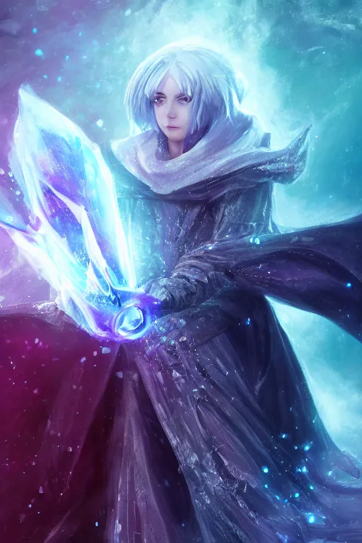 Image similar to an ice mage wearing a cloak surrounded by ice crystals, mixed media, digital art, trending on artstation, 8k, epic composition, highly detailed, AAA graphics