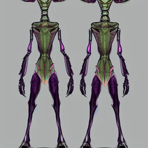 Image similar to a humanoid mantis alien creature, character design sheet, detailed concept art,