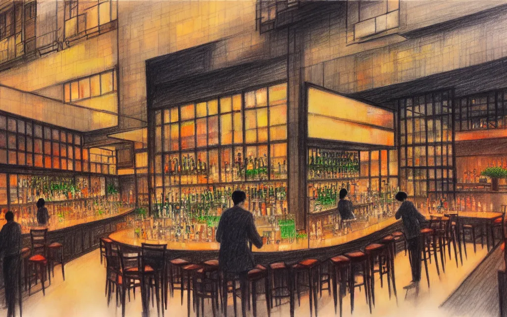 Image similar to feng zhu drawing of loft lounge with tall windows, few people, city in background, bar counter with bartender and few chairs nearby, sparse plants, dim painterly lighting volumetric aquatics, impasto