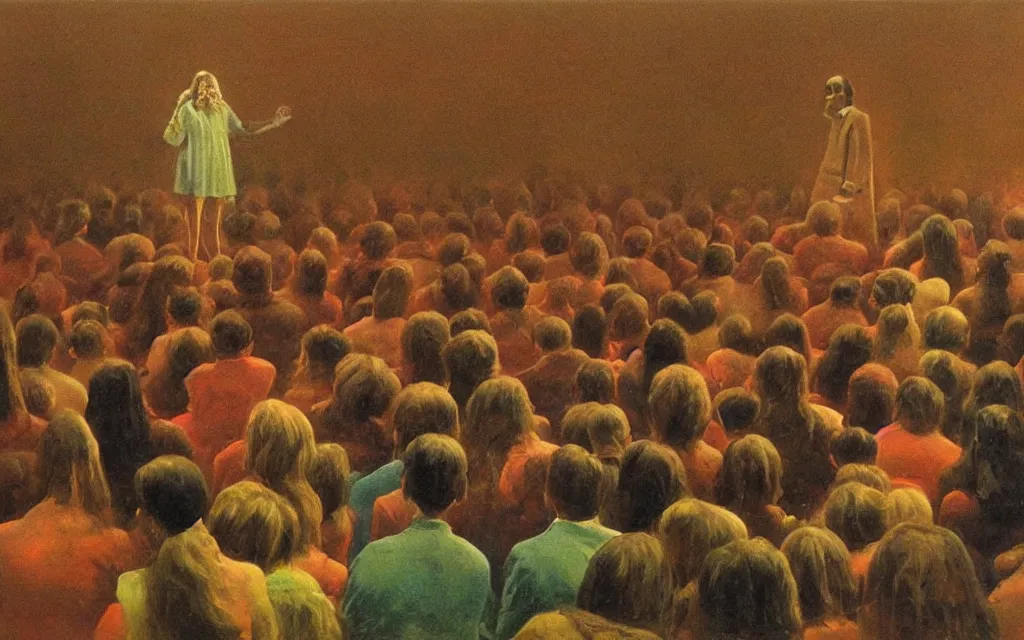 Image similar to charli d'amelio giving a lecture in a crowded physics auditorium at harvard university, oil painting by zdzisław beksinski, iridescent color palette chromatic aberration