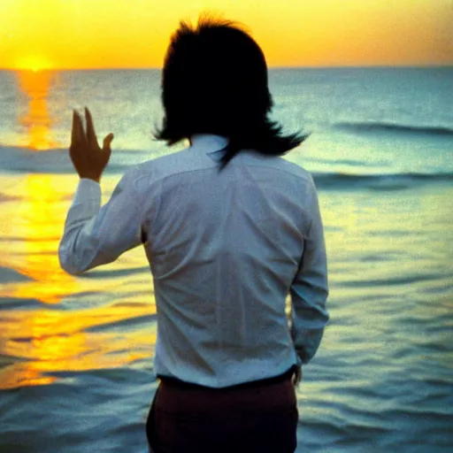 Prompt: japanese man with long hair in a suit standing in the ocean pointing at the camera, sunset, album cover, 1980