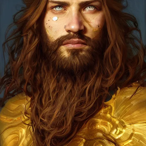 Image similar to portrait of an king, brown long hair, beard, eye scar, golden crown, digital painting, artstation, concept art, donato giancola, Joseph Christian Leyendecker, WLOP, Boris Vallejo, Breathtaking, 8k resolution, extremely detailed, beautiful, establishing shot, artistic, hyperrealistic, beautiful face, octane render, cinematic lighting, dramatic lighting, masterpiece