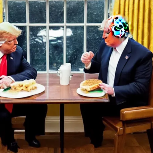 Image similar to photograph of trump and Biden sitting and eating breakfast at a Wafflehouse