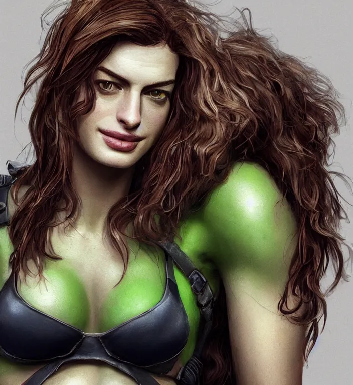 Image similar to anne hathaway as shehulk, au naturel, hyper detailed, digital art, trending in artstation, cinematic lighting, studio quality, smooth render, unreal engine 5 rendered, octane rendered