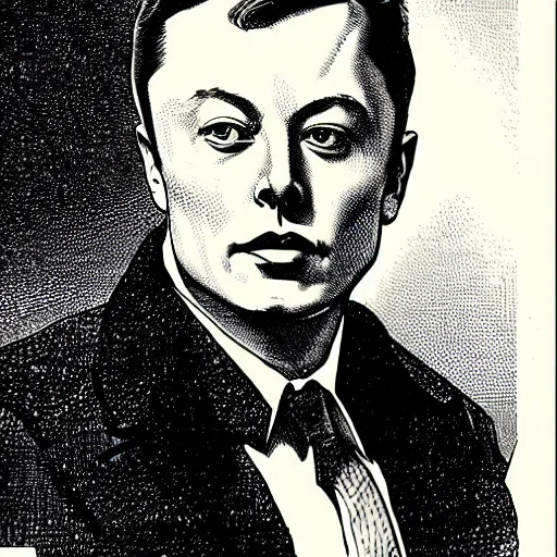 Prompt: franklin booth illustration of elon musk