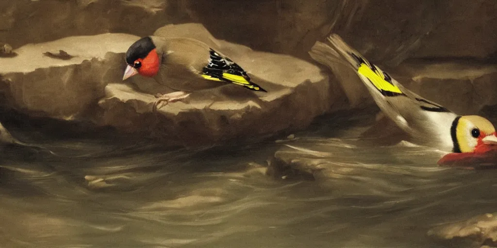 Image similar to painting of a goldfinch drowning in a river of nightmares. by theodore gericault, realistic oil painting, 4 k, studio lightning, award winning, very detailed shadows