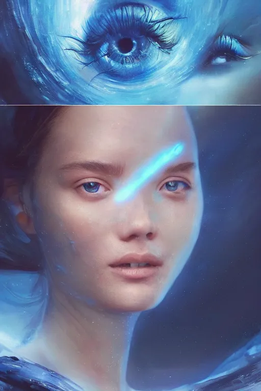 Image similar to 3 d, sci - fi, close - up, morning, smiling fashion model face, sun, cinematic, clouds, sun rays, vogue cover style, poster art, blue mood, realistic painting, intricate oil painting, high detail illustration, figurative art, multiple exposure, poster art, by tooth wu and wlop and beeple and greg rutkowski