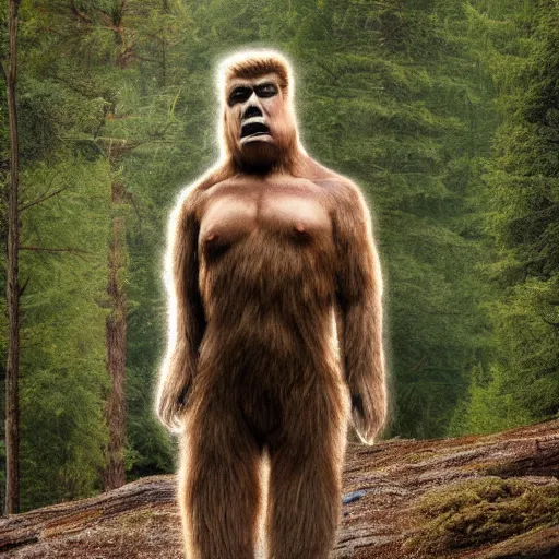 Image similar to donald trump as bigfoot, cryptozoology photograph, forest, setting,