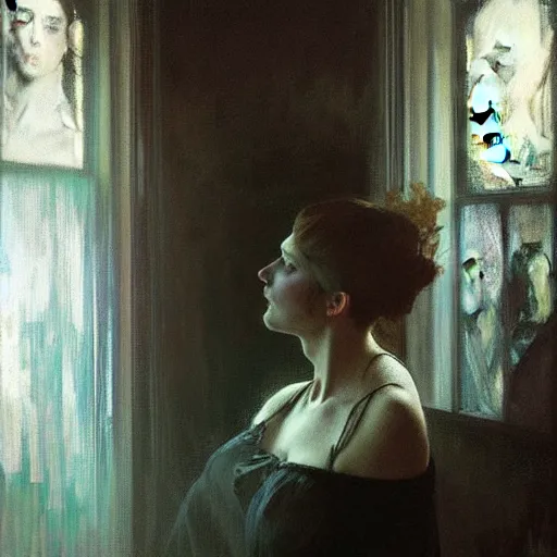 Prompt: hyperrealistic portrait of a vampire watching a mirror. by jeremy mann and alphonse mucha, fantasy art, photo realistic, dynamic lighting, artstation, poster, volumetric lighting, very detailed faces, 4 k, award winning