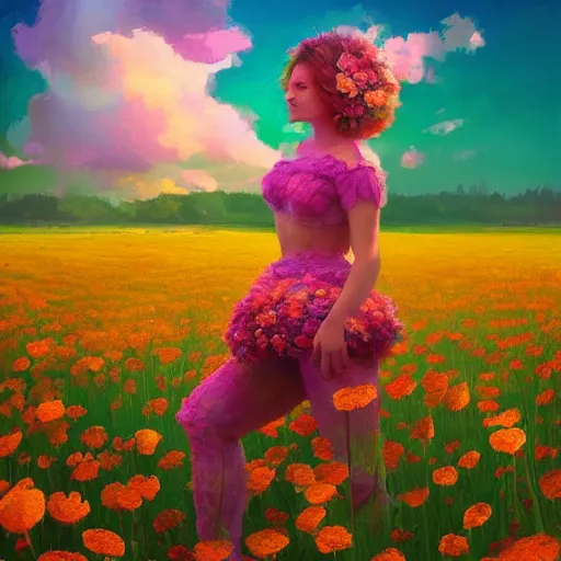 Image similar to girl made of giant flowers, dancing in a vast flower field, arms behind back, surreal photography, sunrise dramatic light, impressionist painting, colorful clouds, large sky, digital painting, artstation, simon stalenhag, flower face