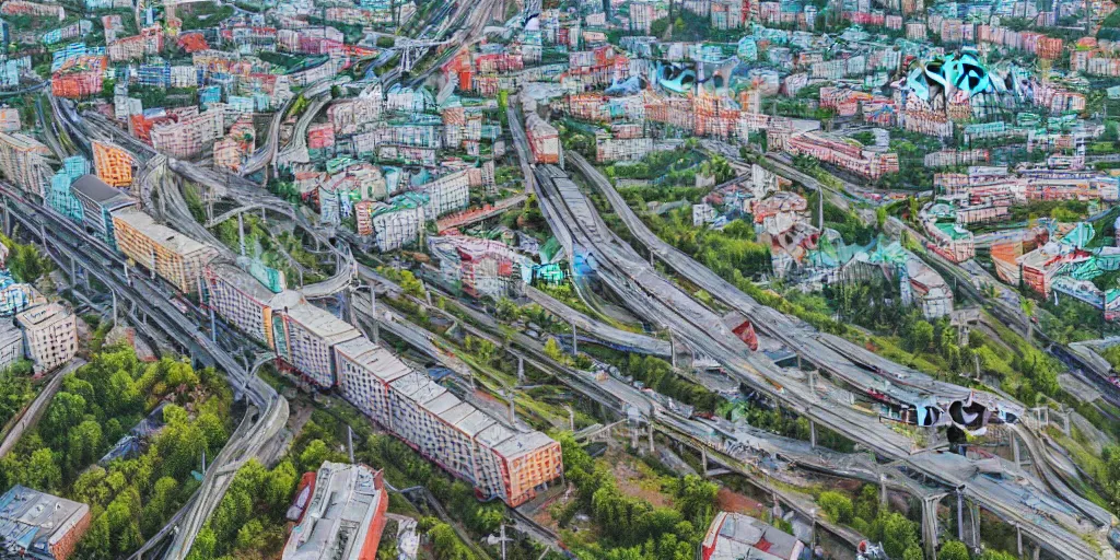 Prompt: bird's eye view photograph of a low income highrise Russian city, apartments, train station, pond, wide roads