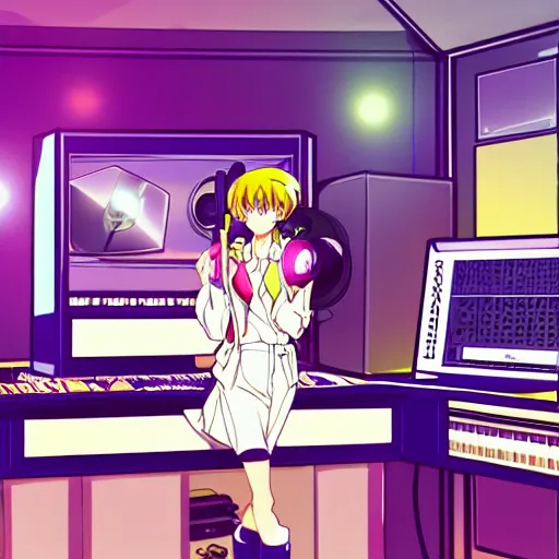 Image similar to An anime character working in their music studio. 90s anime, Sailor Moon, VHS, official art, flat cell shading, fantastic screenshot, trending on artstation