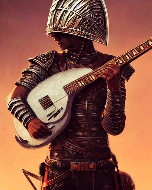 Prompt: Energetic rock guitarist wearing a Galea brushed legionary infantry helmet, fantasy, holding guitar with intricate art deco leaf designs, elegant, highly detailed, sharp focus, art by Artgerm and Greg Rutkowski and WLOP