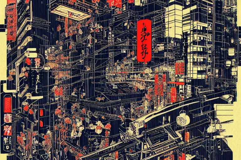 Image similar to futuristic japanese cyberpunk bladerunner silk screen by utagawa yoshiiku, ohara koson, pixiv contest winner, cyberpunk style, cyberpunk color scheme, mechanical, robotic, human machine interface, high resolution, hd