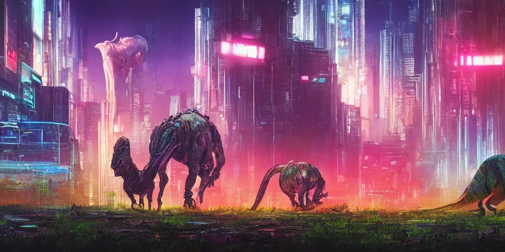 Image similar to a beautiful painting of a lush cyberpunk city with a single dinosaur grazing in the foreground by ridley scott, vivid colours, cinematic lighting, fine details, 8 k | | digital artwork made by greg rutswork, anna dittmann and lois van barlee, symmetrical neon rim light, anatomically correct