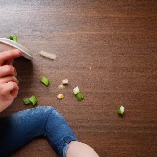 Image similar to a photo of a person being unable to eat soup properly spilling it in the process.