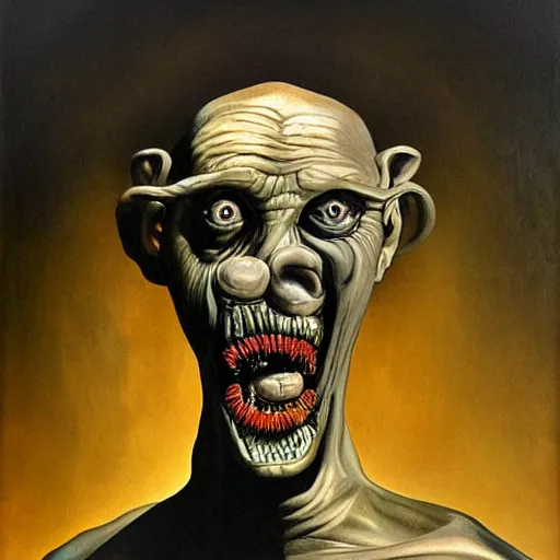 Image similar to Oil painting with black background by Christian Rex Van Minnen Robert Williams Salvador Dali of a portrait of an extremely bizarre disturbing mutated man with intense chiaroscuro lighting perfect composition