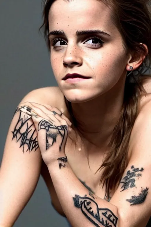 Image similar to emma watson, dope tattoo, hyperrealistic