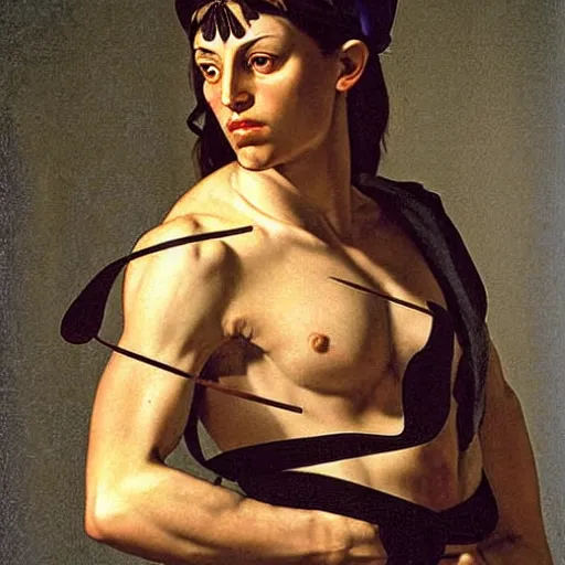 Prompt: muscular female greek warrior, by caravaggio