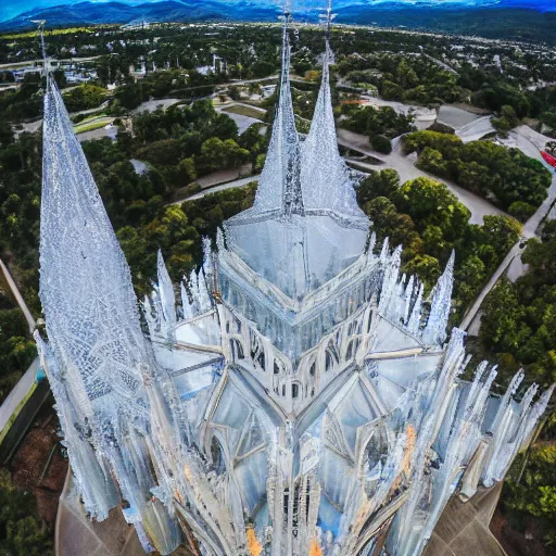 Prompt: Cathedral of shining crystal, aerial drone shot