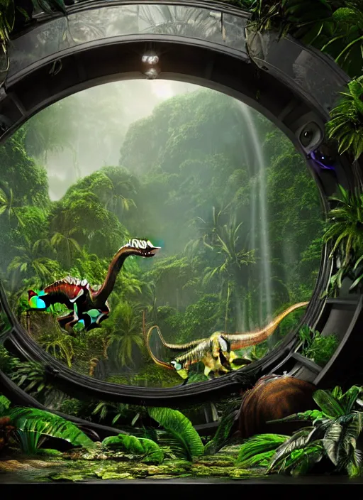 Prompt: a lush jungle matte painting inside a ornate glass jar, hyper realistic photo, 7 5 mm lens, studio lighting, filmic, jurassic world, t - rex, grey backdrop