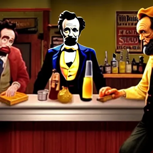 Image similar to The It's Always Sunny in Philadelphia episode where the gang meets Abe Lincoln Dee is there with Mac and so is Dennis they are at the bar, photo realistic, studio lighting, It's Always Sunny in Philadelphia