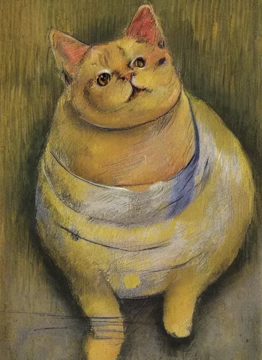 Prompt: vintage beautiful painting of a fat yellow cat in a village street in Mary Cassatt style