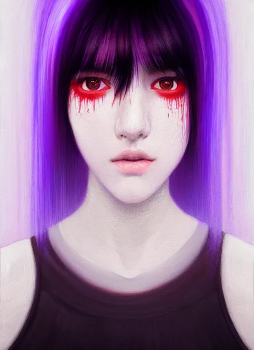 Image similar to portrait of teenage girl with white bangs, red irises, black hair, purple clothes, white bangs, bangs are different color from hair, intricate, front of hair is white rest is black, elegant, glowing lights, highly detailed, digital painting, artstation, concept art, smooth, sharp focus, illustration, art by wlop, mars ravelo and greg rutkowski