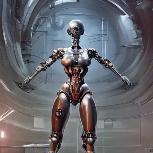 Prompt: ultradetailed illustration of a female biomechanic cyborg posing in front of a futuristic mechanic lab, by greg rutkowski and Zdzisław Beksiński., photorealistic, 8k, intricate, futuristic, trending on cg society