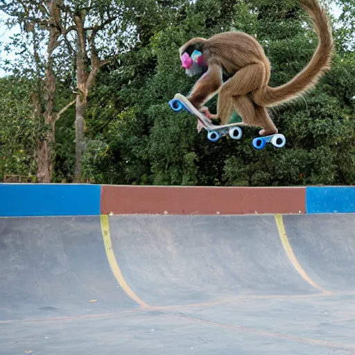 Image similar to a monkey jumping with a skateboard in a skatepark