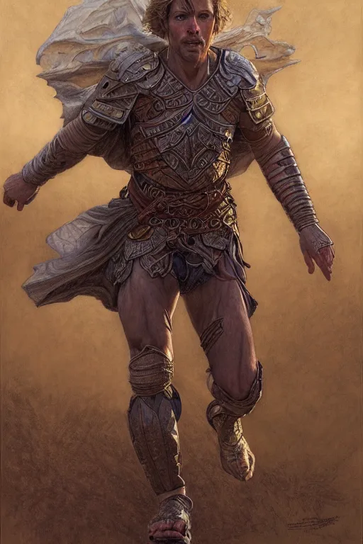Prompt: full - body portrait of a running warrior, male, breastplate, magical, high fantasy, d & d, by donato giancola, face details, extremely detailed, digital illustration
