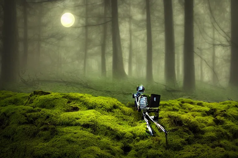 Image similar to a burning with fire human skeleton sitting behind computer, overgrown with moss, in foggy forest, at night with moon light, dark atmosphere, fantasy, digital art