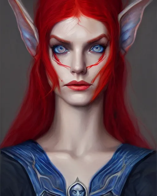 Image similar to A detailed matte oil on canvas head on symmetrical portrait of a beautiful elven woman with a blue eye and a red eye, and red and blue hair by Charlie bowater and lise deharme, trending on artstationhd, dungeons and dragons art critical role