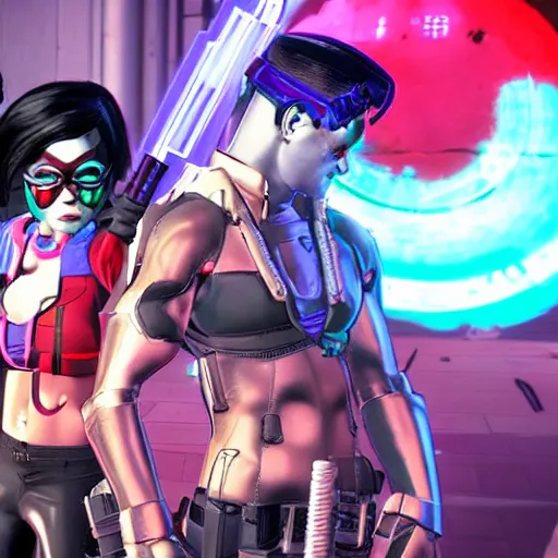 Prompt: cyberpunk Batman, Harley Quinn, Velma, and Shaggy in a platform fighting game