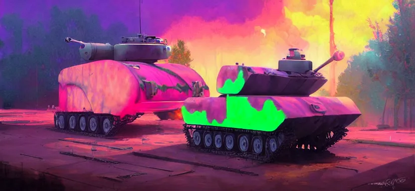 Image similar to beautiful masterpiece painting of a food truck army tank in a future radioactive glowing swamp, halo vehicle, grunge cyberpunk, by Remedios Varo and Anato Finnstark and Greg Rutkowski, dayglo pink, dayglo blue, by Craig Mullins, ilya kuvshinov, krenz cushart, artgerm, 8k, trending on ArtStation