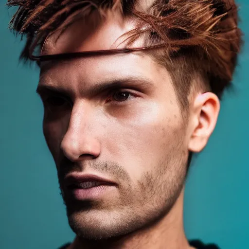 Prompt: a closeup photo of a male model wearing a baggy teal distressed medieval leather menswear jacket by boris issey miyake, 4 k, studio lighting, wide angle lens