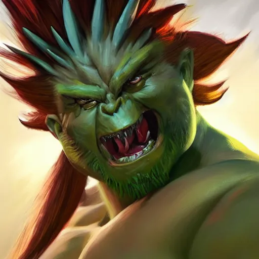 Image similar to greg manchess portrait painting of partially armored blanka from street fighter as overwatch character, medium shot, asymmetrical, profile picture, organic painting, sunny day, matte painting, bold shapes, hard edges, street art, trending on artstation, by huang guangjian and gil elvgren and gerald brom
